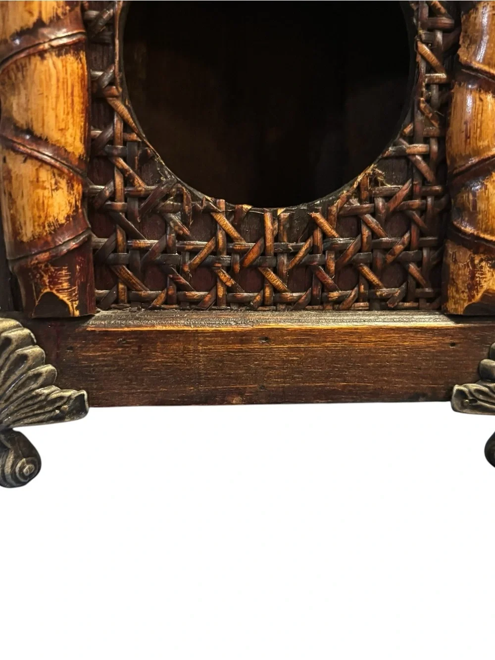 Vintage Asian Style Pagoda Wood Trinket Shrine Box Bamboo Woven Design Decor
